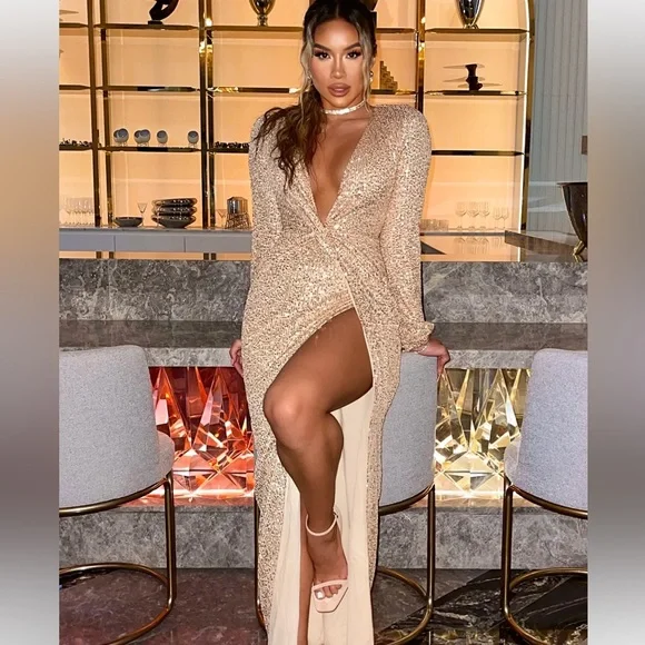slim fit dress slacks Elegant V-Neck Long Sleeve Prom Dress with High Split, Sparkle Gold Sequin  Gown main image 1